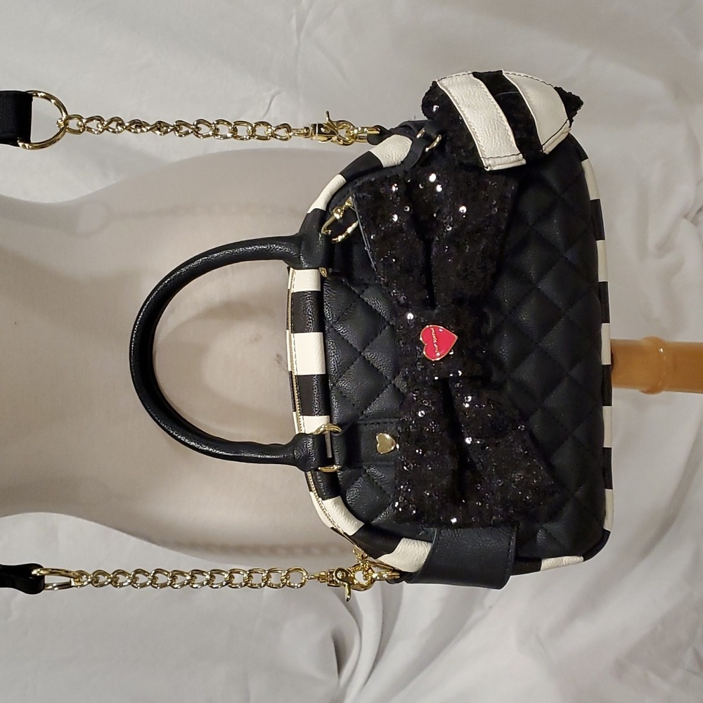 Betsy Johnson black& white stripe sachael & crossbody bag.
